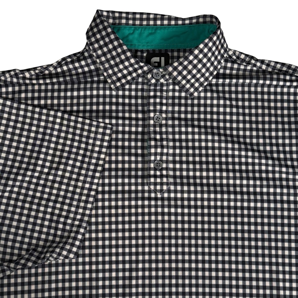 FootJoy Mens XL Gingham Golf Polo Shirt Navy White Teal Performance‎ Stretch FJ